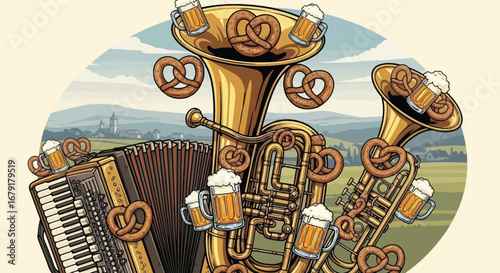 Oktoberfest illustration with musical instruments, beer and pretzels in a festive composition.