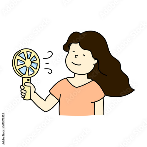 熱中症対策　ハンディーファンを使用する女性のイラスト