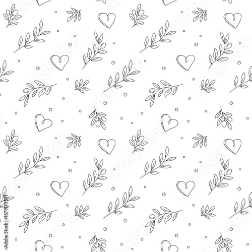 A decorative seamless pattern featuring olive branches and hearts.