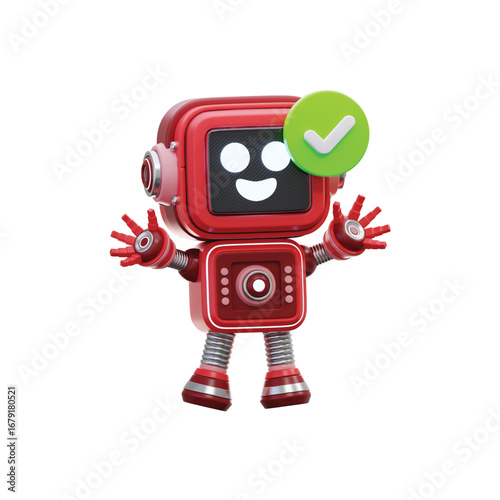 Friendly red robot character with green checkmark symbol represents success and positive outcome vector