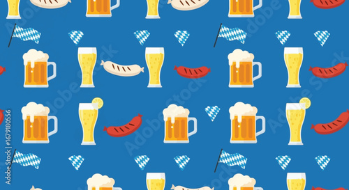 Oktoberfest-themed pattern with beer mugs and sausages.