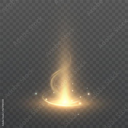 Magic portal light effect with golden glowing beam and swirling sparks on dark background. Fantasy glowing vortex for game resources, magic spells and teleportation