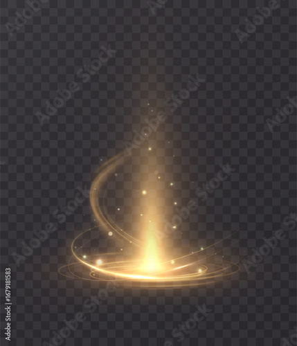Golden shining vertical beam of light with swirling vortex at the base and glittering particles of glitter. Bright vector light effect on transparent background.
