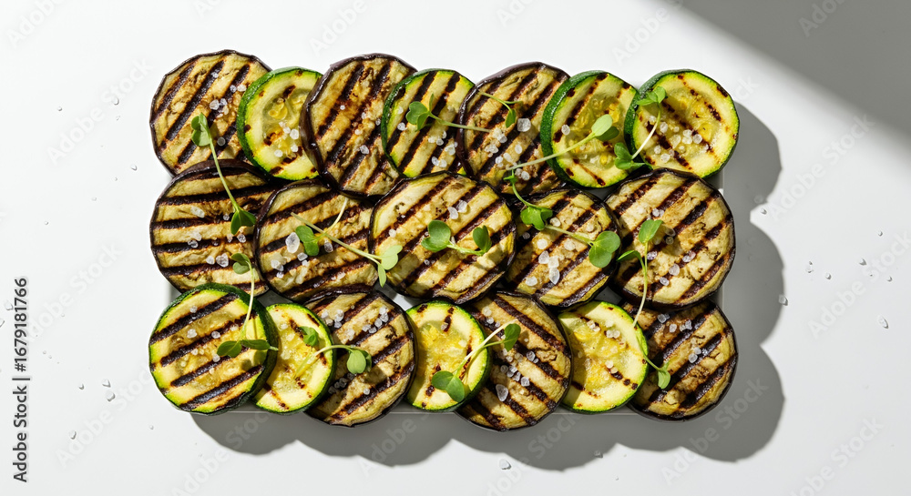 Fototapeta premium Artistic Flat Lay of Grilled Eggplant and Zucchini