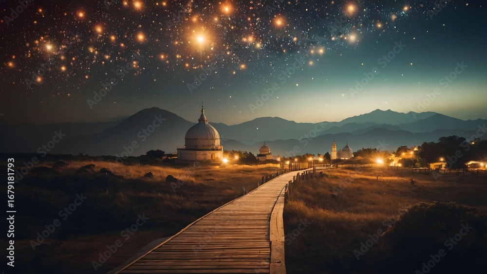 Obraz premium Night sky filled with stars over a serene landscape with a wooden pathway leading to historic structures in the mountains during twilight Generative AI