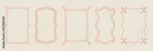 Vector illustration of doodle hand drawn trendy frames with wavy lines, bows and ribbons. Minimalist line art. Modern whimsical borders for wedding invitations, birthday card, lunch menus