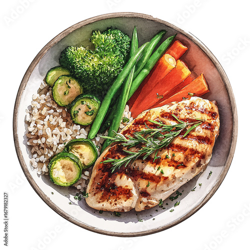 Hand-painted watercolor illustration of a clean eating plate with grilled chicken breast, brown rice, roasted potato, carrots, broccoli, and green beans, healthy diet and nutrition concept.