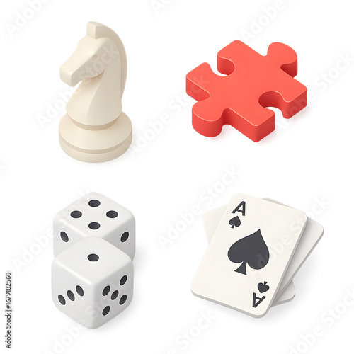 Board game isometric PNG set transparent background 2x2 chess knight dice playing cards puzzle piece isolated cut out