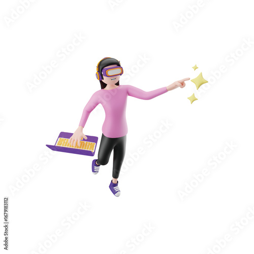 Person wearing vr headset interacting with digital stars and holding a tablet device vector