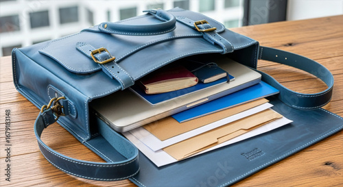 A blue leather satchel bag open on a wooden surface revealing a laptop and documents inside the bag view