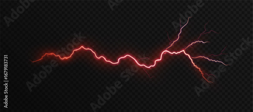 Red glowing lightning effect with sparks and glare. Vector red lightning effect for design on dark background.