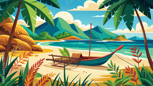 Vector art of a serene tropical beach scene with a traditional boat resting on the sand, surrounded by lush palm trees and mountains in the distance
