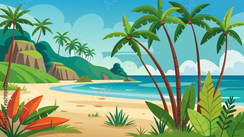 Vector art of a vibrant tropical beach scene with lush palm trees, clear blue water, and green hills, creating a perfect vacation paradise