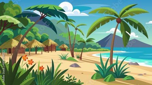 Vector art of a vibrant tropical beach scene with palm trees, huts, and flowers, capturing the essence of a perfect island getaway and summer vacation
