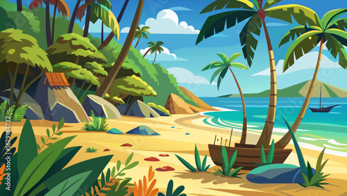 Vector art of a serene tropical beach scene with palm trees, turquoise sea, and rocky formations, offering a tranquil escape to a paradise island destination