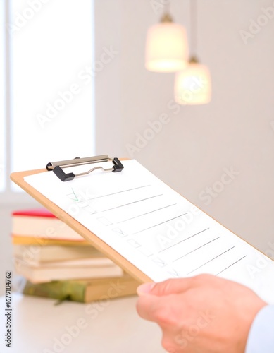 Checklist held in hand,  books in background