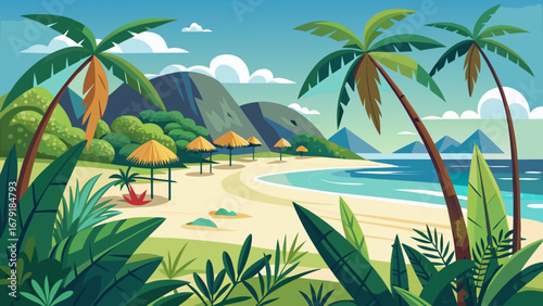 Vector art of tropical beach scene with palm trees, turquoise sea, and sandy shore, perfect for a relaxing vacation getaway in an idyllic island landscape