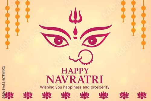Artistic illustration of goddess durga face with trishul nose ring decorated flowers bells navratri festival hindu religious celebration cultural worship spirituality indian festive background design