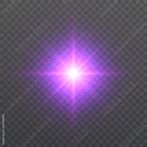 Purple glowing star flare with bright shining rays on dark background. Abstract luminous sparkle effect for fantasy artworks, magic spells, festive decorations and digital design.