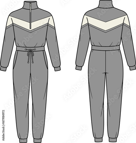 Fashion technical flat vector sketch of modern color-blocked jumpsuit, with zipper front, drawstring waist, high collar, long sleeves