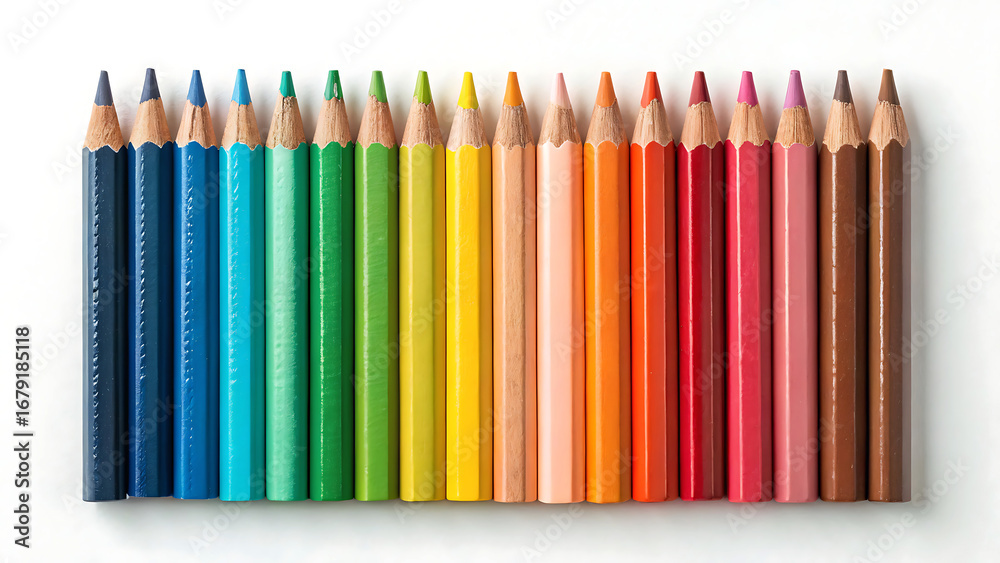 Obraz premium Vibrant collection of colored pencils arranged in rainbow spectrum overhead studio view