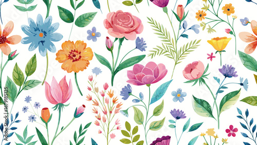 Vector art of watercolor floral pattern with colorful flowers and leaves, perfect for textile, fabric, wallpaper, and wrapping paper design