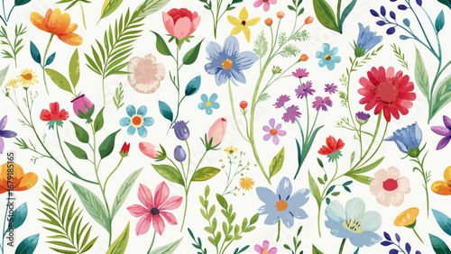 Vector art of colorful watercolor floral pattern with various flowers and leaves, ideal for textile, fabric, wallpaper, and wrapping paper