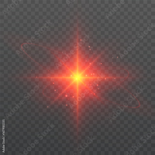 Christmas glowing star with bright golden red rays and glitter on dark background. Shining festive starry glow for holiday design, Christmas decorations