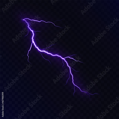 Glowing purple lightning strike with branching discharge on dark background. Electric thunderbolt effect for storm illustrations, fantasy artworks, magic spells and sci-fi digital design.