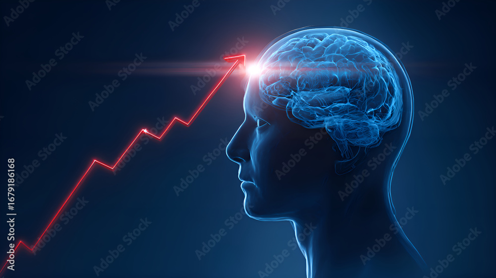 Obraz premium Growing intelligence, human brain with increasing graph symbolizing development