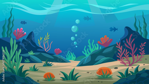 Vector art of a serene underwater scene with vibrant coral, playful fish, and sunlit waters, creating a captivating marine ecosystem illustration