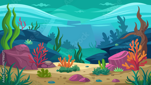 Vector art of a tranquil underwater landscape with colorful coral, diverse marine life, and sunlit waters, creating a captivating marine ecosystem illustration
