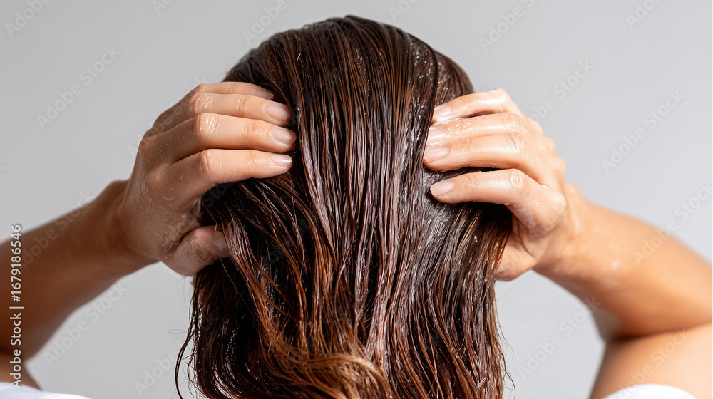 Fototapeta premium Woman applying hair mask treatment to wet brown hair. Hands massaging nourishing conditioner for deep hair repair and hydration. Professional haircare routine for damaged hair restoration.