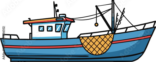 A cartoon fishing boat with a blue hull and orange accents and a fishing net hanging off the side