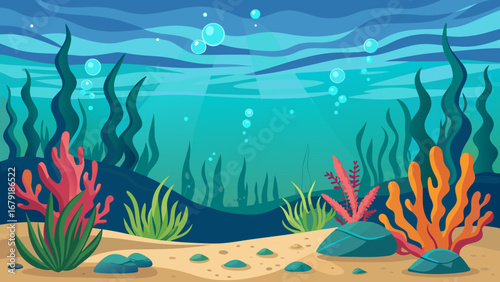 Vector art of a serene underwater landscape with vibrant coral, swaying algae, and gentle bubbles rising towards the surface in a clear blue ocean