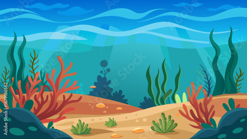 Vector art of underwater landscape with coral reefs, algae, and sand, creating a serene and inviting marine environment for exploration and discovery