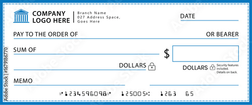 Blank check template with light-blue border and white background. Features fields for logo, payee, amount, date, and signature. Modern, clean, corporate design for financial use.