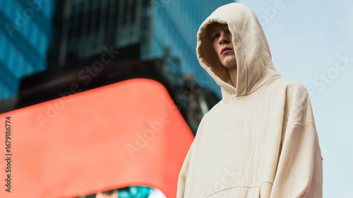 Hooded man with urban backdrop evokes modern, contemplative vibe.