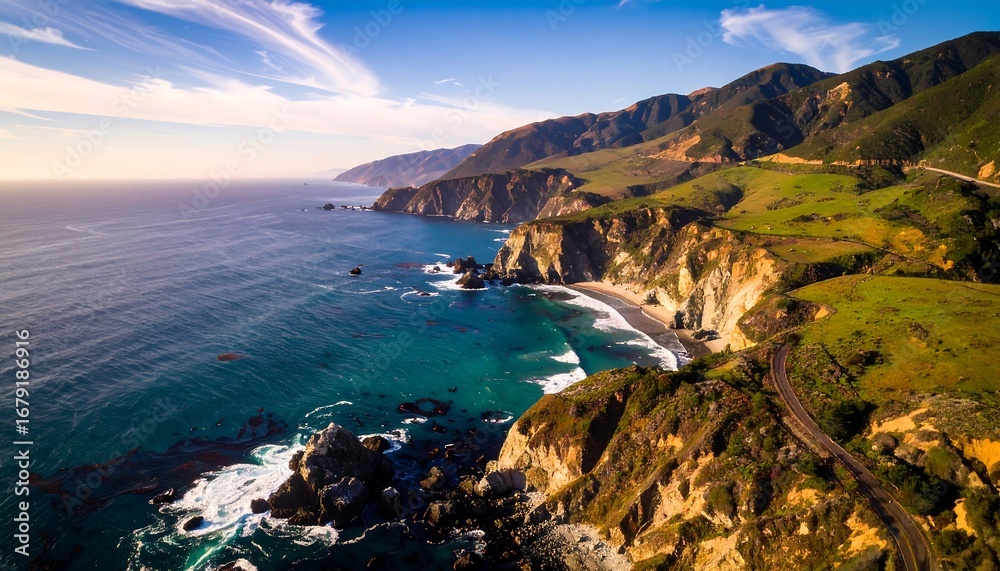 Fototapeta premium Panoramic coastal view of rugged cliffs, ocean, and highway