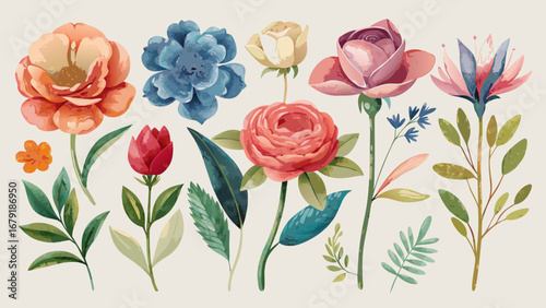 Vector art of watercolor floral illustration with a variety of colorful flowers, leaves, and branches, creating a vintage and decorative design element