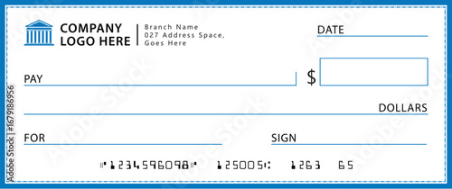 Blank check template with light-blue border and white background. Features fields for logo, payee, amount, date, and signature. Modern, clean, corporate design for financial use.