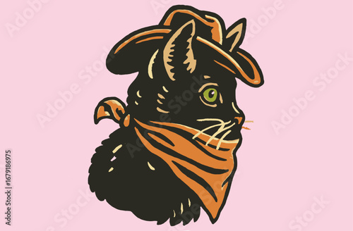 Cowboy Cat Illustration. Cowboy Hat and Bandana Style. Cat club design. Vintage Animal Illustrations for T-Shirt Design. Cowboy Style Cat. 