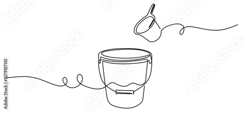 Continuous line art of a ladle and bucket filled with water. Concept of bathing using a ladle and bucket. Vector illustration