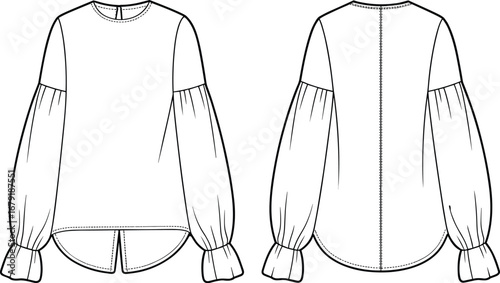 Long sleeve ruffle cuff blouse vector, fashion flat sketch, front and back technical drawing, stylish women’s top CAD illustration