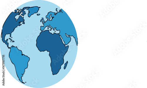 Stylized world globe illustration showing continents in shades of blue on a light blue background