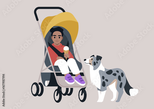 A child in a stroller is savoring ice cream, while a friendly dog stands nearby, creating a delightful moment of joy and connection between them on a serene day