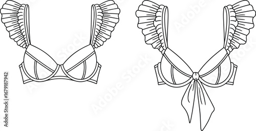 Ruffle strap bikini top flat sketch, front and back view, swimwear fashion CAD drawing for design, vector illustration template