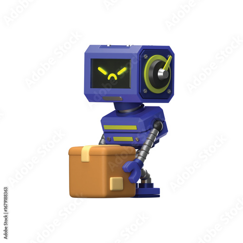 Charming blue robot character holding a cardboard box with a neutral expression vector