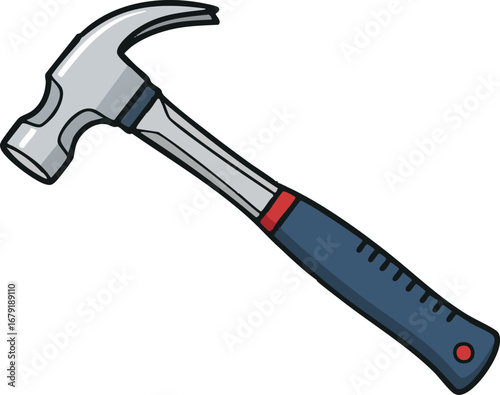 Illustration of a claw hammer with a silver head and a blue handle on a white background