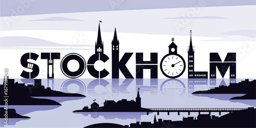 Stockholm Skyline Vector Illustration with Famous Landmarks Silhouette, Reflections, Modern Urban Art for Travel and Design